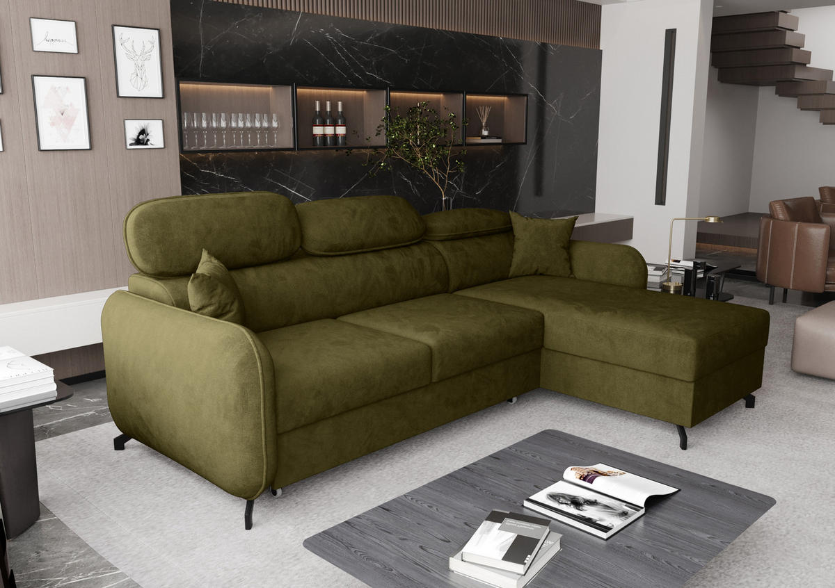 ECKSOFA L Form Ribella 5 Olivgrün 265/180/100 cm Rechts mit Schlaffunktion - Schwarz/Grün, Textil/Metall (265/180cm) - AX Living