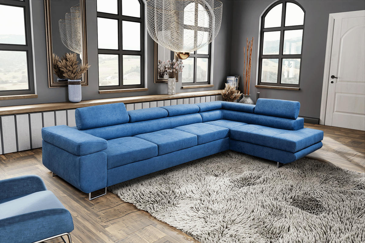 ECKSOFA Marlene IV L-Form mit verstellbaren Kopfstützen Schlaffunktion Bettkasten 347 cm rechts blau - Blau, Kunststoff (202/347cm) - Margaret Hadas24