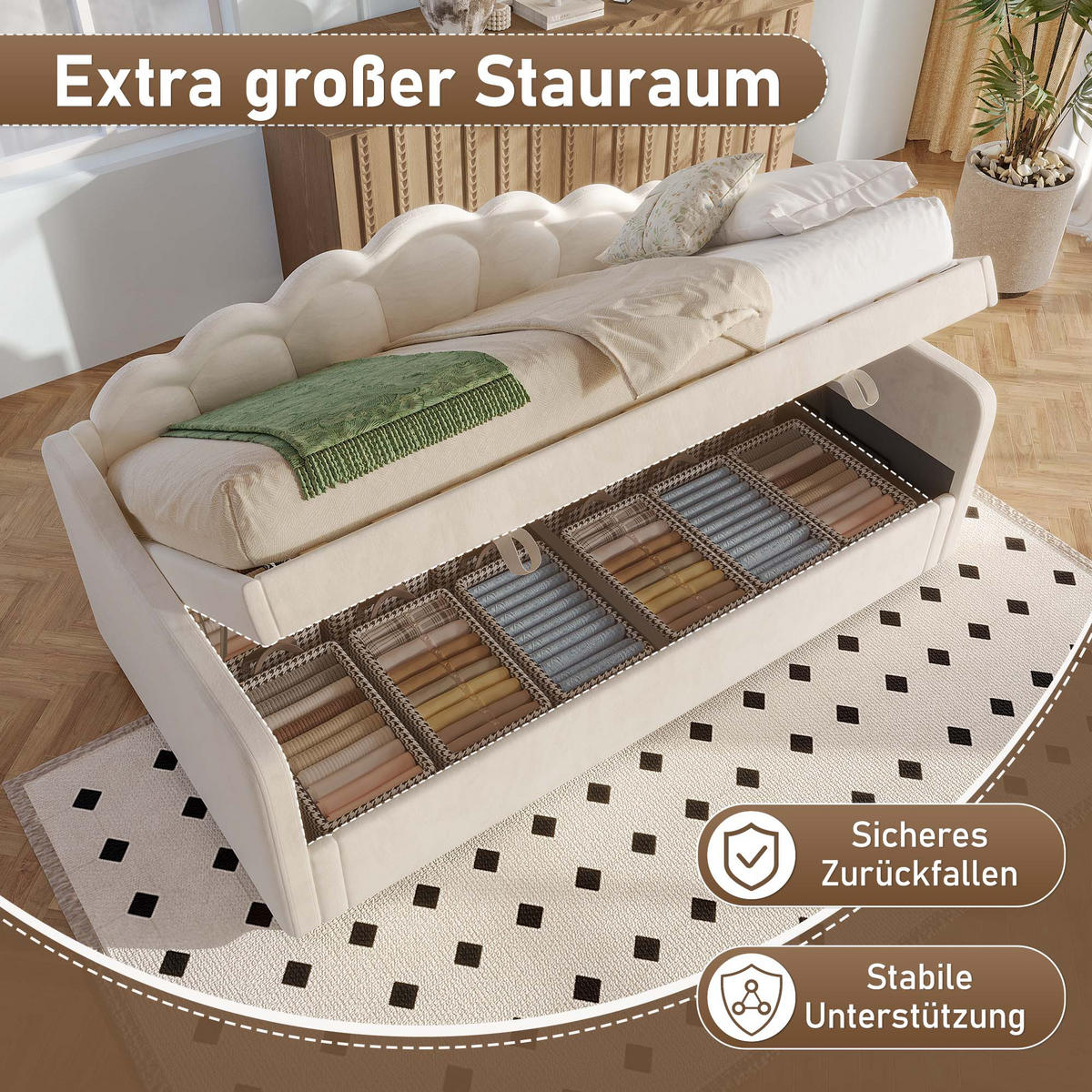 TAGESBETT 90x200cm Beige Mit LED & Stauraum - Beige, Textil (90/200cm) - FLIEKS