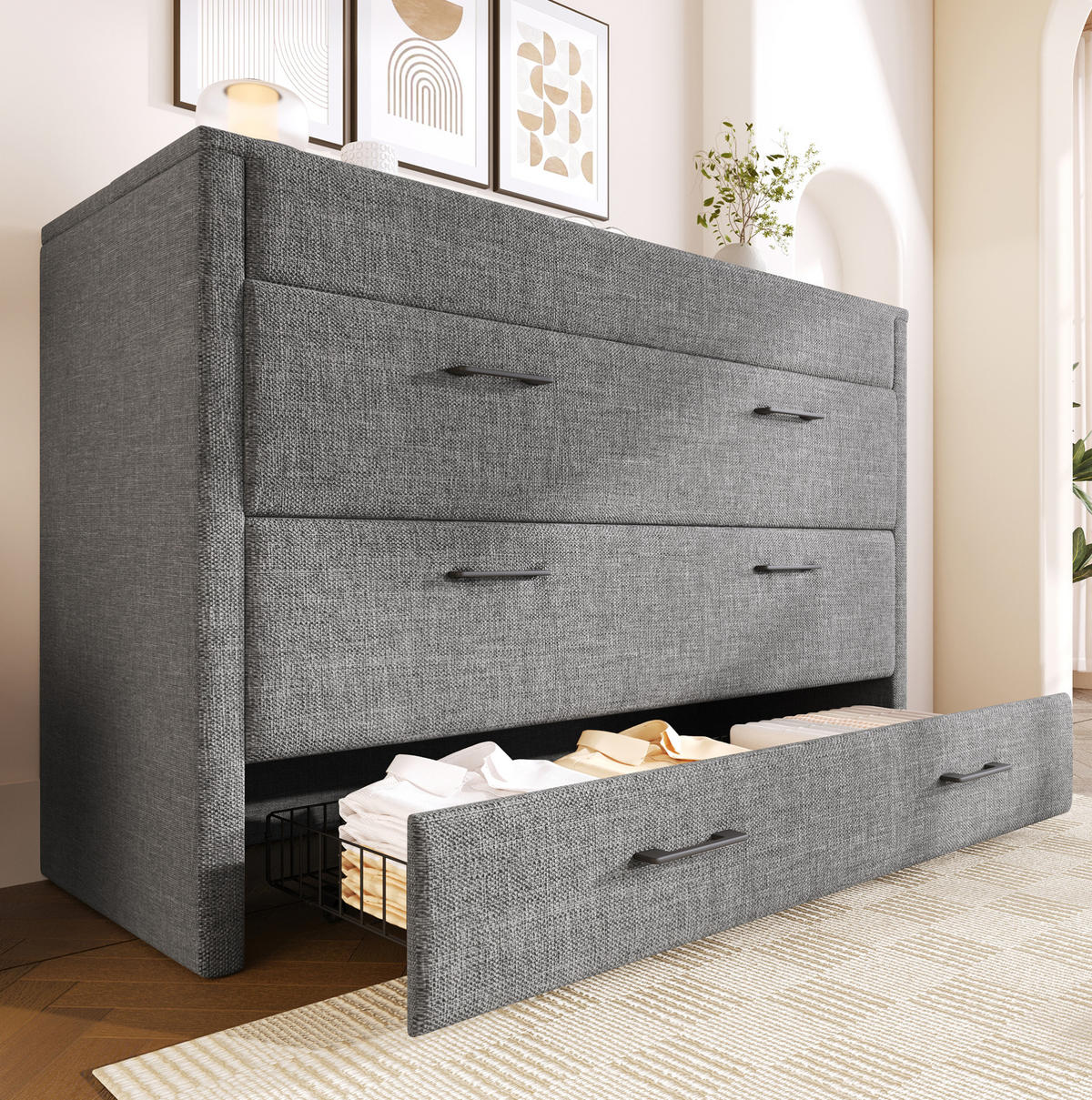 BETT 140/200 cm Grau mit Schublade und USB- und Type-C-Anschlüssen - Grau, Textil (140/200cm) - Flora Grace
