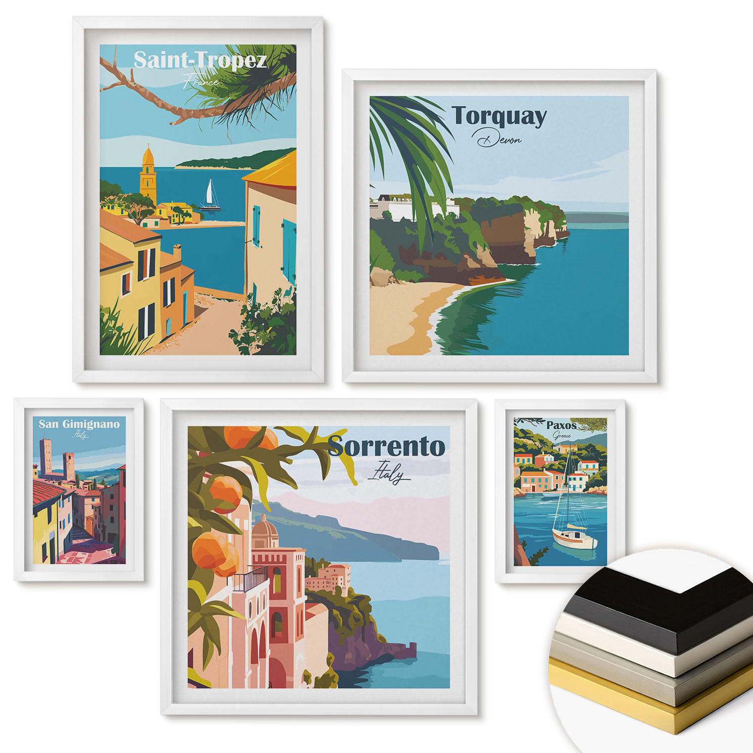 WANDBILDER 5er-Set - 50x50 cm & 20x30 cm & 40x60 cm Weißer Rahmen - Retro-Illustrationen von Weltstädten - Weiß, Kunststoff (40/60cm) - ArtPrintCave
