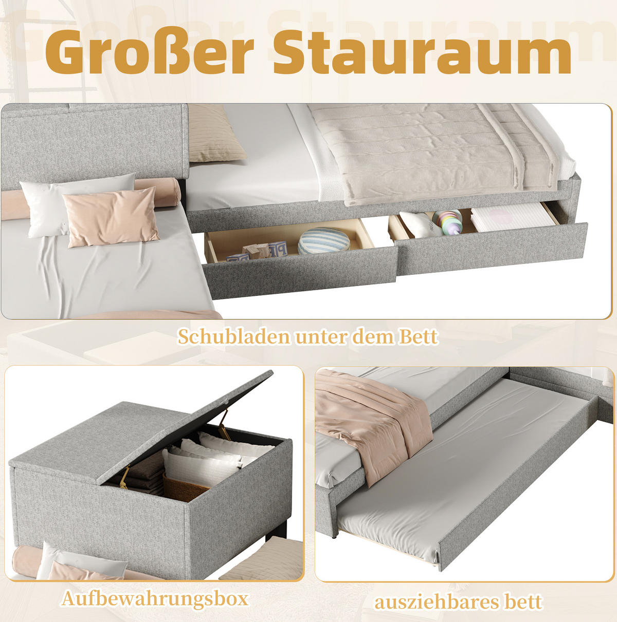 POLSTERBETT 90/200 cm grau aus Leinen mit Ausziehbett und Stauraum - Grau, Textil - OKMYHOME
