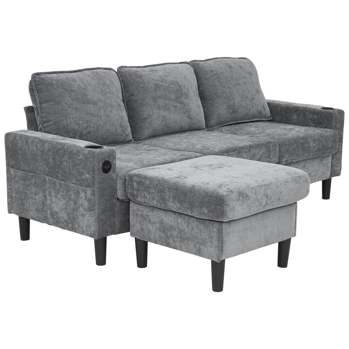 ECKSOFA 202/137/80 cm Grau mit USB-, Typ-C-Anschlüssen, 2 Getränkehaltern und 1 Fußhocker - Grau, Textil (202/137cm) - Oxeza