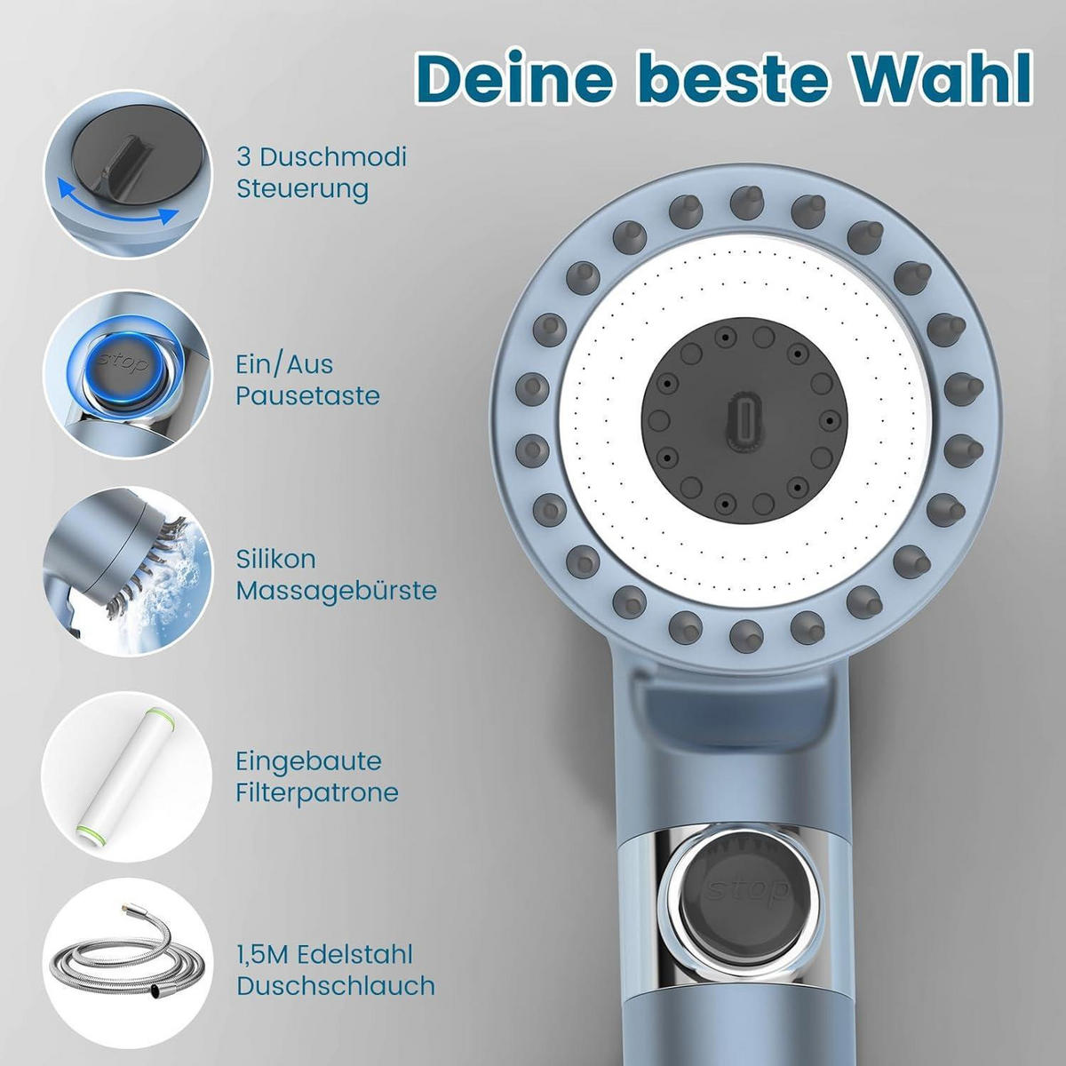 HANDBRAUSE mit Filter und Schlauch 1,5 m Blau - Blau, Kunststoff (12.7/12.7/29cm)