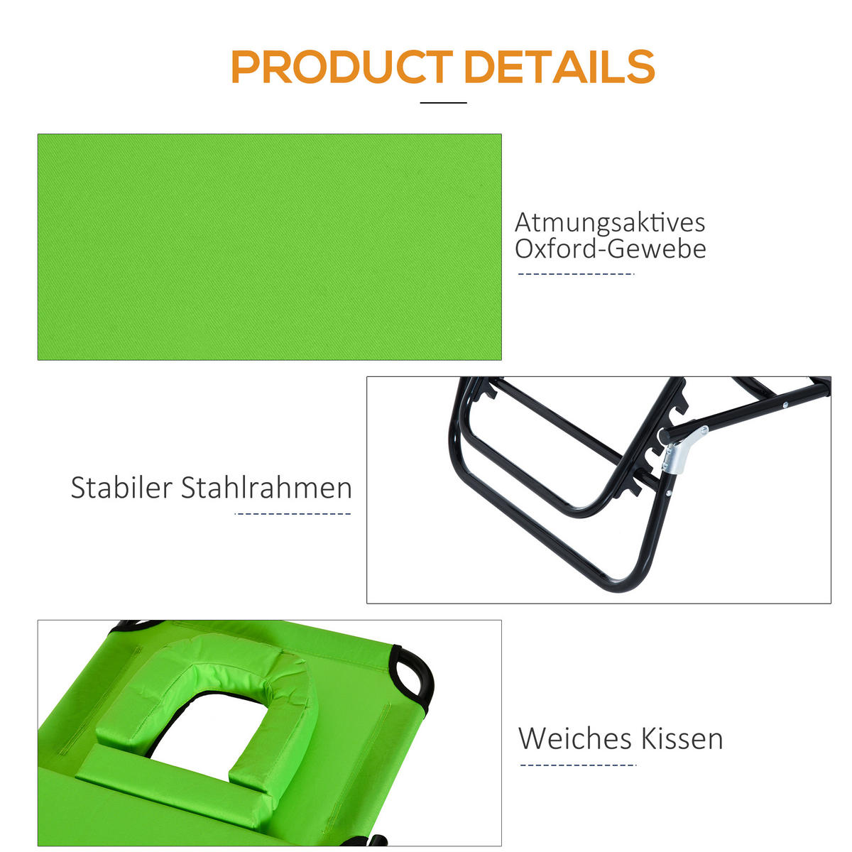 SONNENLIEGE mit Gesichtsöffnung Grün 190/56/70 cm - Schwarz/Grün, Textil/Metall (56/28/190cm) - Outsunny