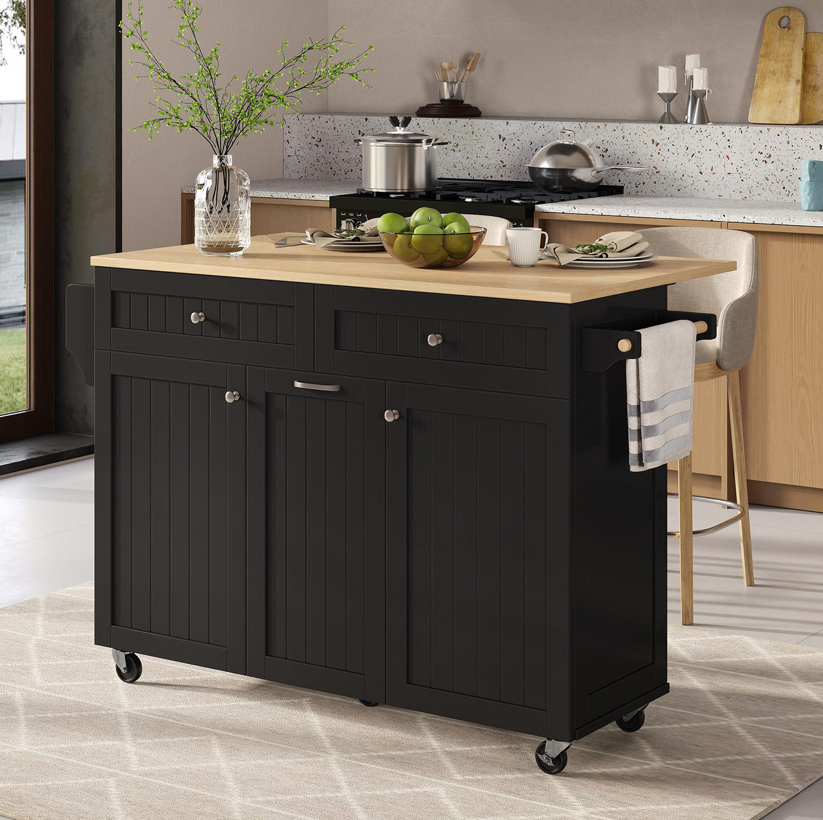 KUCHYŇSKÝ ostrov z MDF 140x40-70x92 cm černý/přírodní s výsuvnou deskou, zásuvkami a kolečky - černá, kompozitní dřevo (140/92/70cm) - Modfu