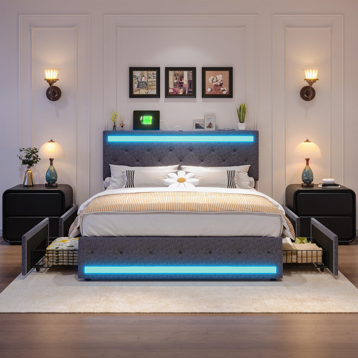 POLSTERBETT 180/200 cm, in Grau Leinenoptik Stoff, Bettkasten, Gepolstertes Kopfteil mit LED-Beleuchtung USB, 4 Metall-Stauraumschubladen - Dunkelgrau, Textil/Metall (180/200cm) - BPKADHY