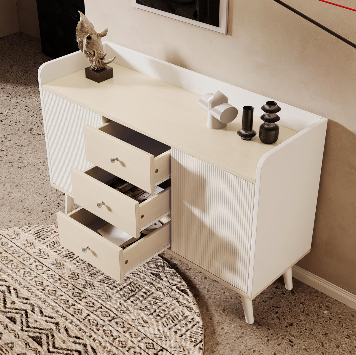 SIDEBOARD mit 2 gestreiften Schiebetüren und 3 Schubladen, MDF mit Massivholzbeinen, 117,5/39,5/79 cm, Weiß und Holzoptik - Weiß, Holzwerkstoff (39.5/117.5/79cm) - Redom