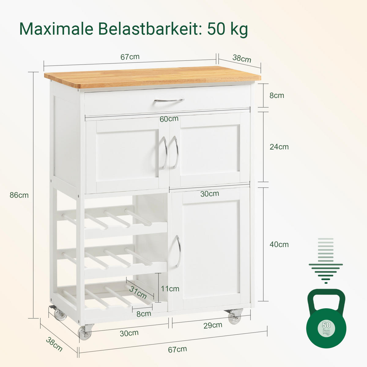 KÜCHENWAGEN Weiß - Weiß, Holzwerkstoff (67/87/38cm) - SoBuy