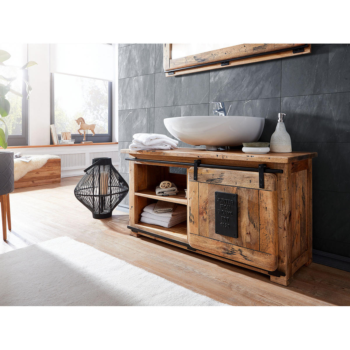 WASCHBECKENUNTERSCHRANK - Mango massiv / Eisen - Mango / Schwarz - Braun, Holz/Metall (120/60/40cm) - home24