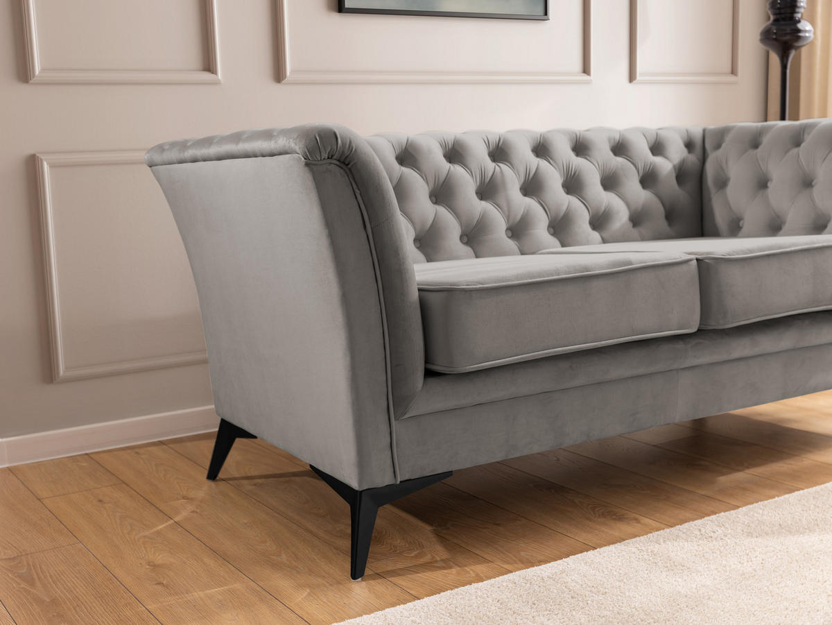 CHESTERFIELD-SOFA 2-sitzer Whitby Grau Samt mit schwarzen Füßen - Schwarz/Grau, Holz/Textil (175/78/82cm) - S-Style Möbel