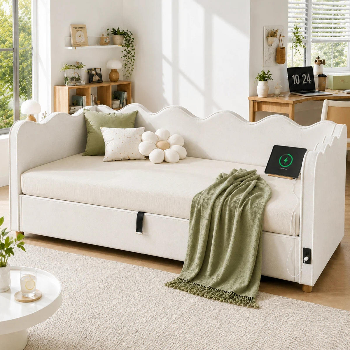 SCHLAFSOFA 90×200 Cm, USB-Anschlüssen & Type-C, Polster-Tagesbett,Samt, Beige - Beige, Holz (216/74.5/102.5cm) - FLIEKS