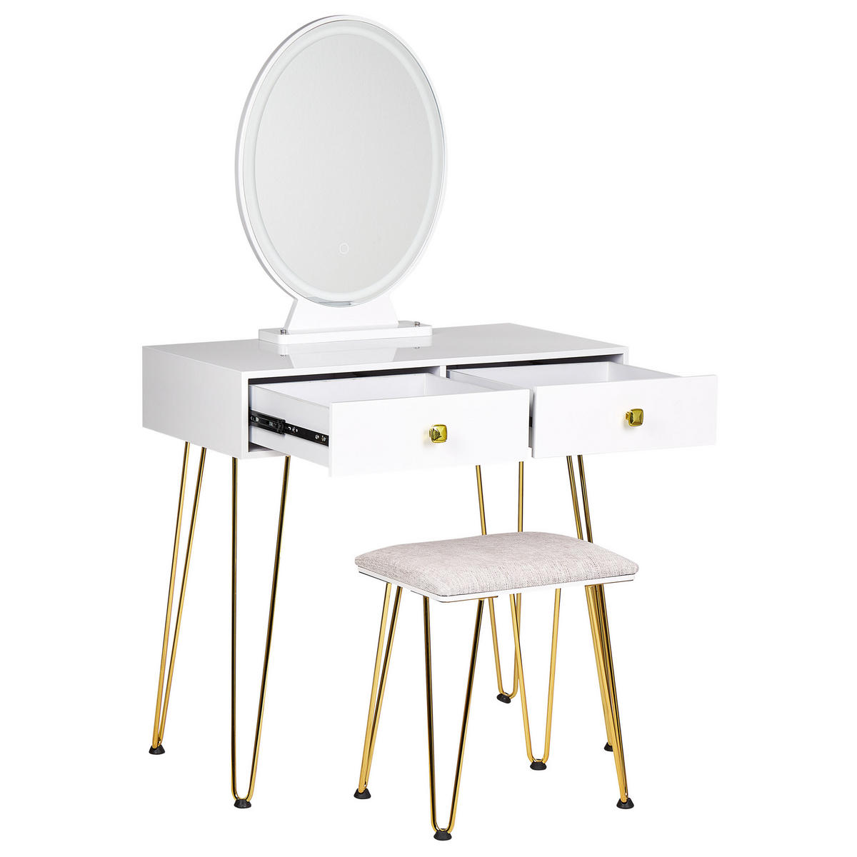 SCHMINKTISCH mit ovalem LED-Spiegel Hocker 2 Schubladen weiß/gold Caen - Goldfarben/Weiß, Holzwerkstoff (82/137/40cm) - Beliani