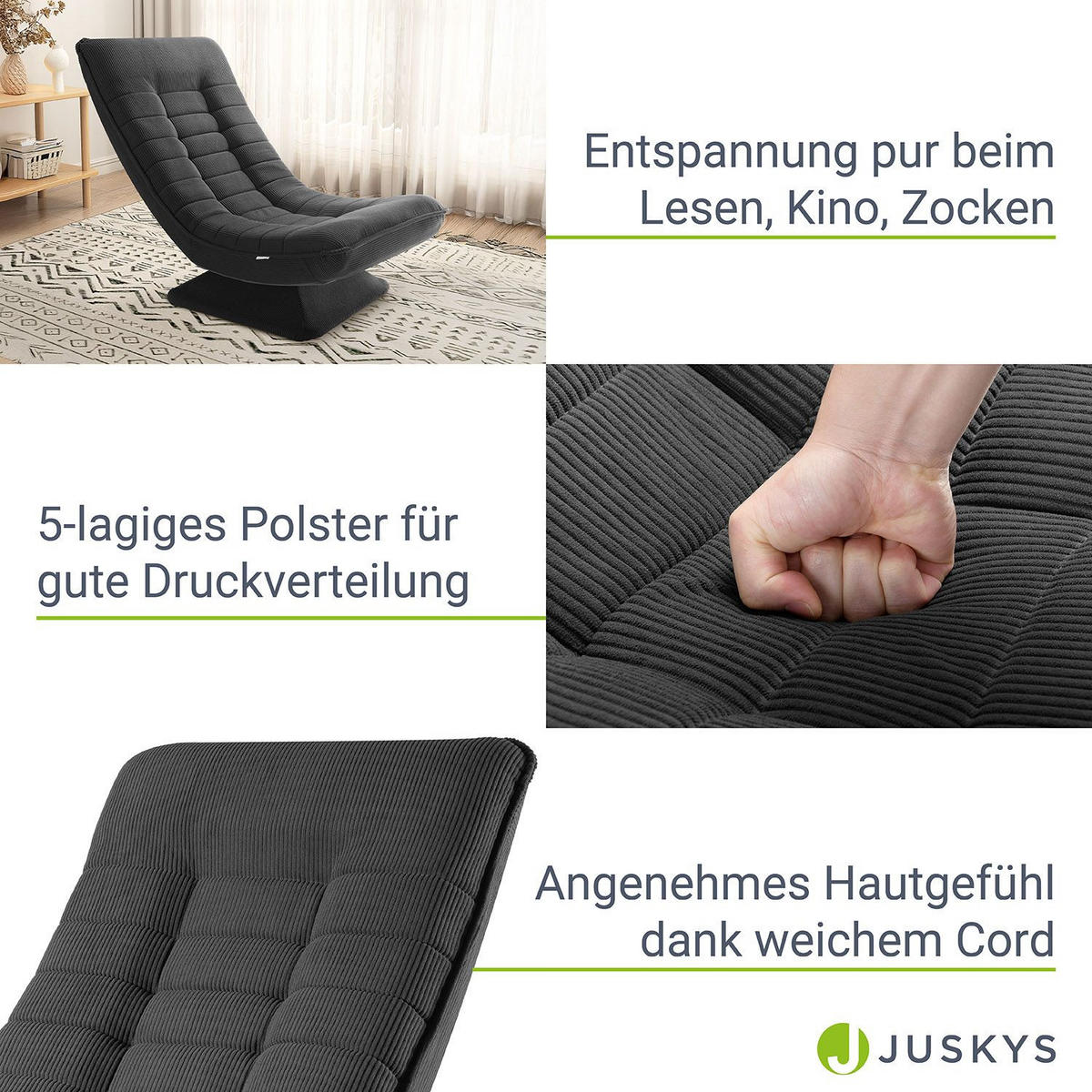 RELAXSESSEL Korsika Cord dunkelgrau - Grau, Textil (58/85/100cm) - Juskys