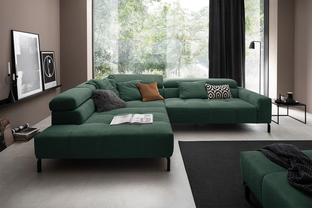 ECKSOFA MIT MOTORISCHEM SITZVORZUG OHIO Smaragdgrün Cord - Smaragdgrün/Schwarz, Textil/Metall (311/219cm) - KAWOLA