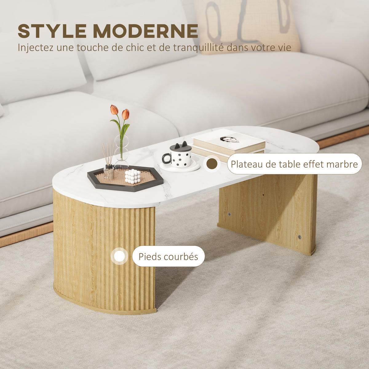 COUCHTISCH DE-15797 oval mit Marmoroptik Weiß - Naturfarben, Holzwerkstoff (110/50/40cm) - ComfortXL
