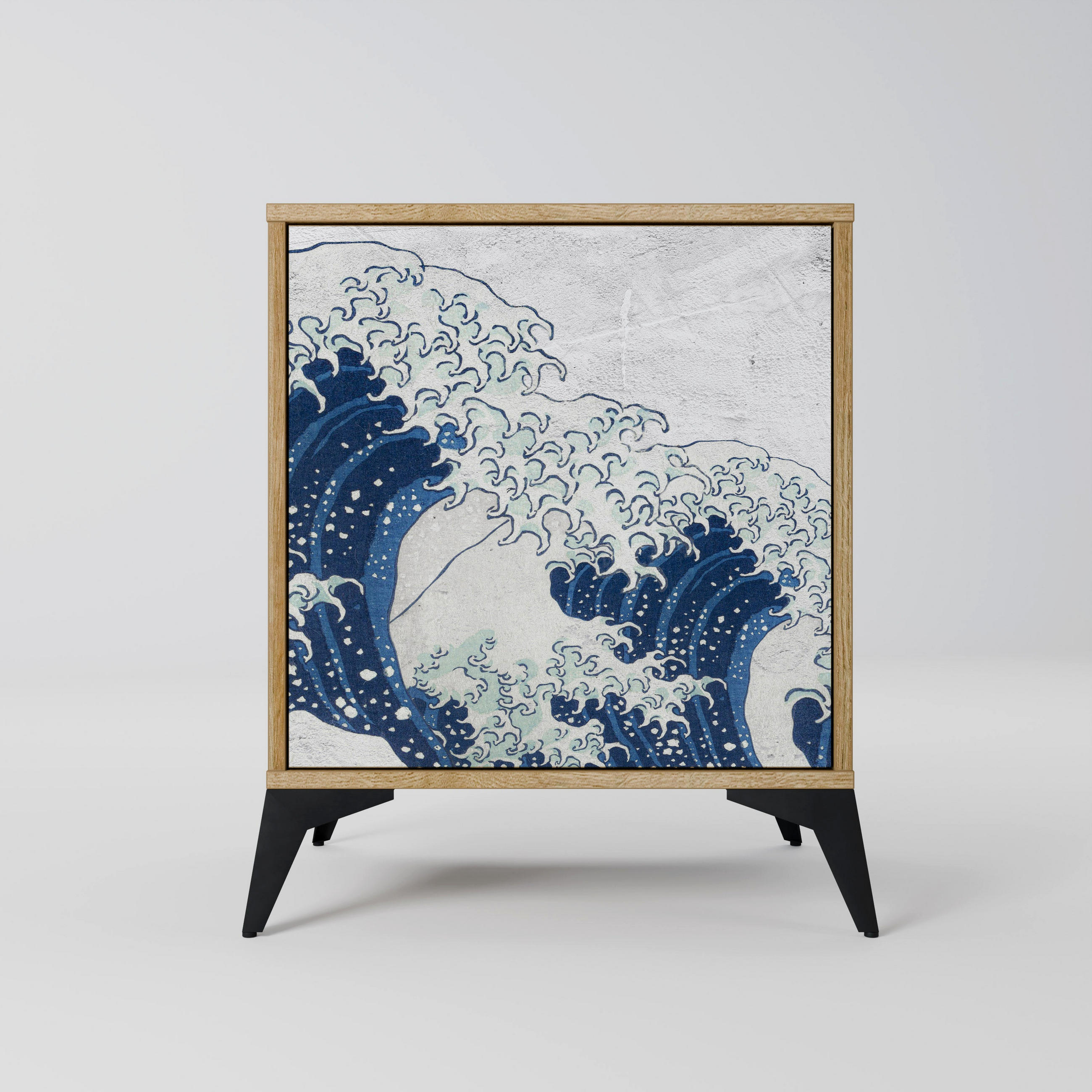 SIDEBOARD THE GREAT WAVE AT KANAGAWA, Eichefarben, 57,5x42x70,5 cm, Schwarze Metall-Sternfüße - Eichefarben/Multicolor, Holzwerkstoff/Metall (57.5/70.5/42cm) - SpaceRebels