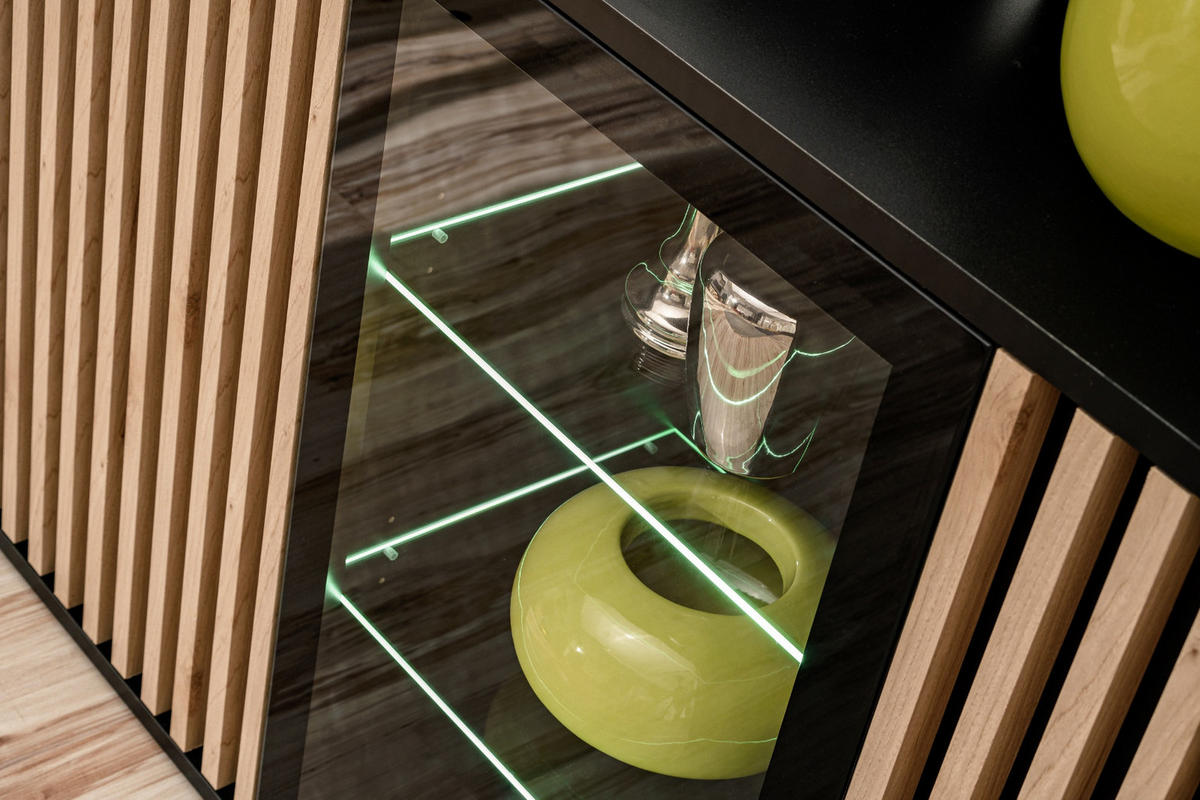 SIDEBOARD schwarz, Eiche Jackson 163 cm, Kommode mit Beleuchtung - Eichefarben/Schwarz, Glas/Holzwerkstoff (160/92/40cm) - Furn.Design