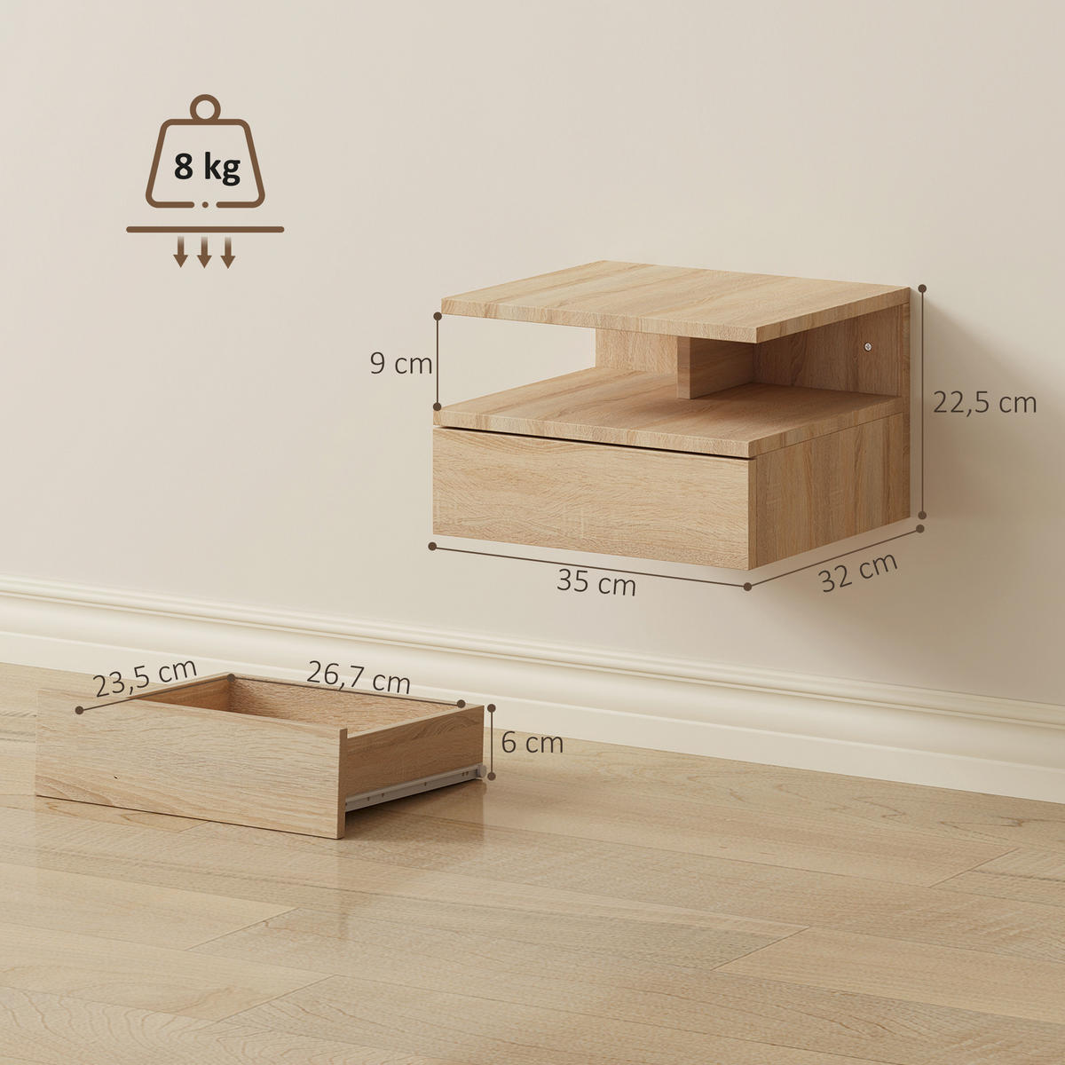 NACHTSCHRANK 2er-Set DE-12953 Schublade und offenes Fach Eiche - Eichefarben, Holzwerkstoff (32/22.5/35cm) - ComfortXL