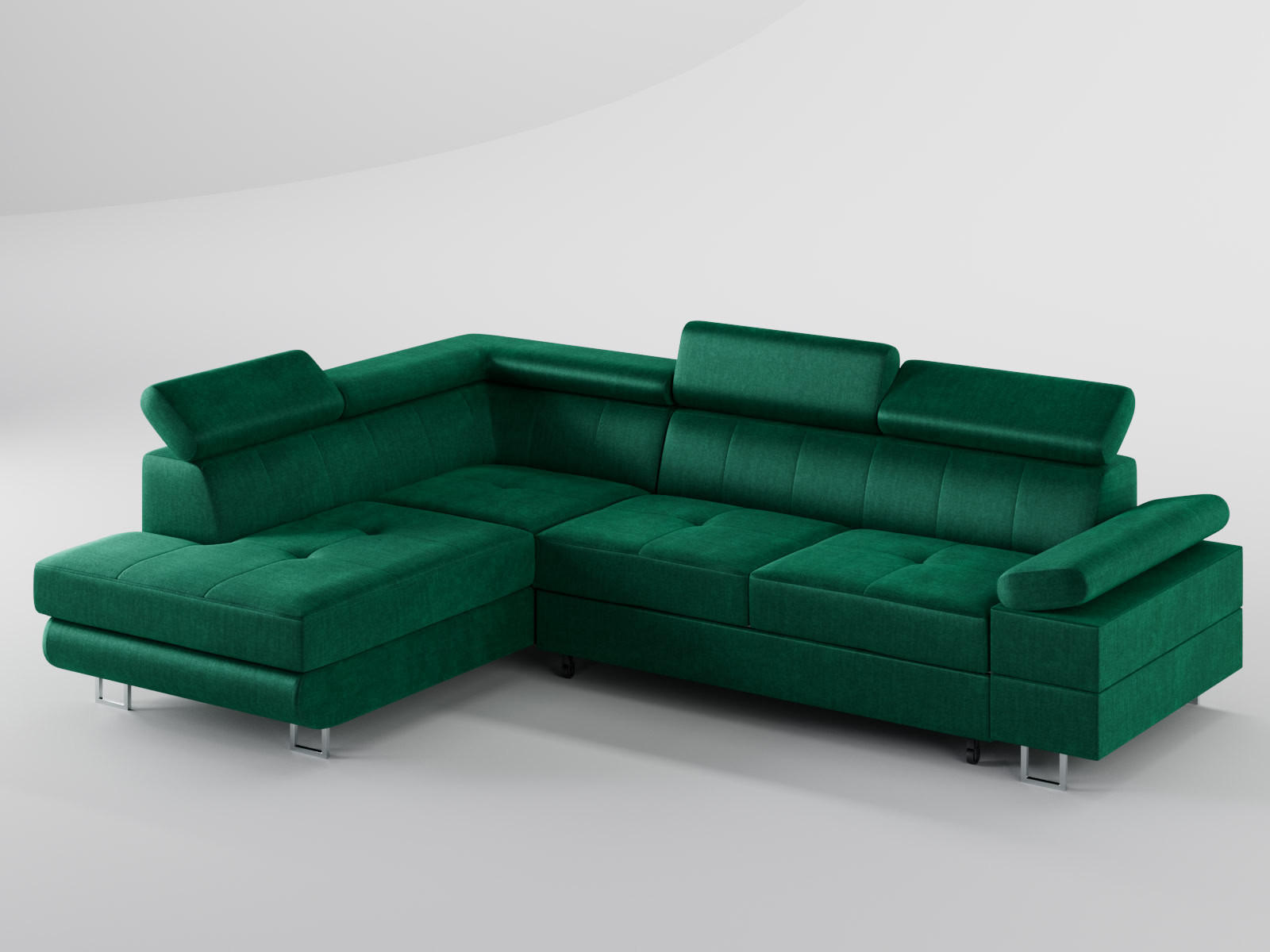 ECKSOFA CAROLINE Links Dunkelgrün Velours-Stoff mit Schlaffunktion und Bettkasten - Chromfarben/Dunkelgrün, Textil (253/190cm) - Barchello