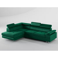 ECKSOFA CAROLINE Links Dunkelgrün Velours-Stoff mit Schlaffunktion und Bettkasten - Chromfarben/Dunkelgrün, Textil (253/190cm) - Barchello