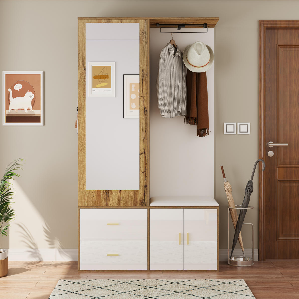 GARDEROBENSET Weiß Holz Spiegel Schuhschrank Kleiderstange - Weiß, Holzwerkstoff (38/180/100cm) - FLIEKS