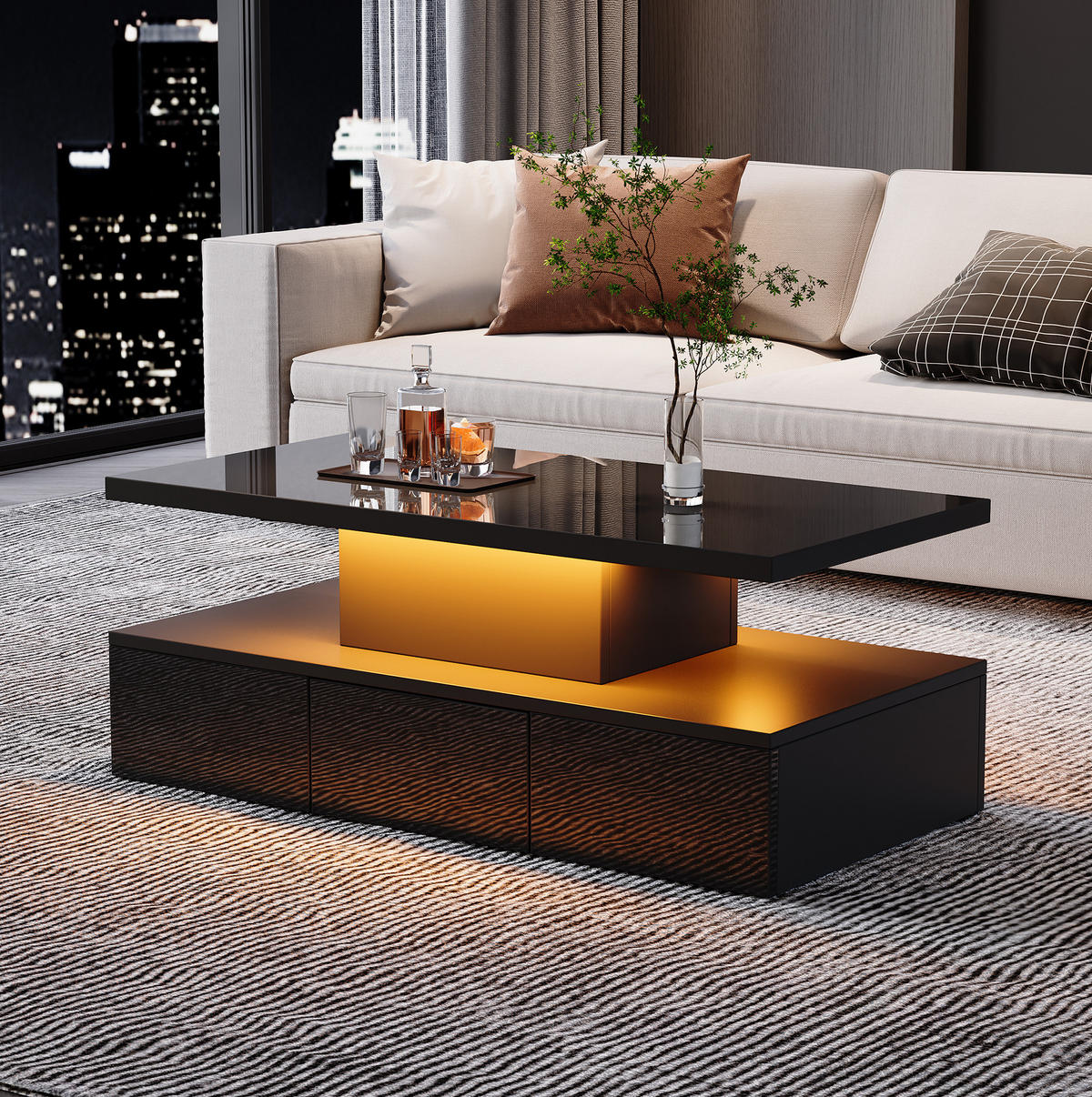 COUCHTISCH 100/50/39 cm schwarz aus Spanplatte mit LED-Licht und Stauraum - Schwarz, Holzwerkstoff (100/50/39cm) - OKMYHOME
