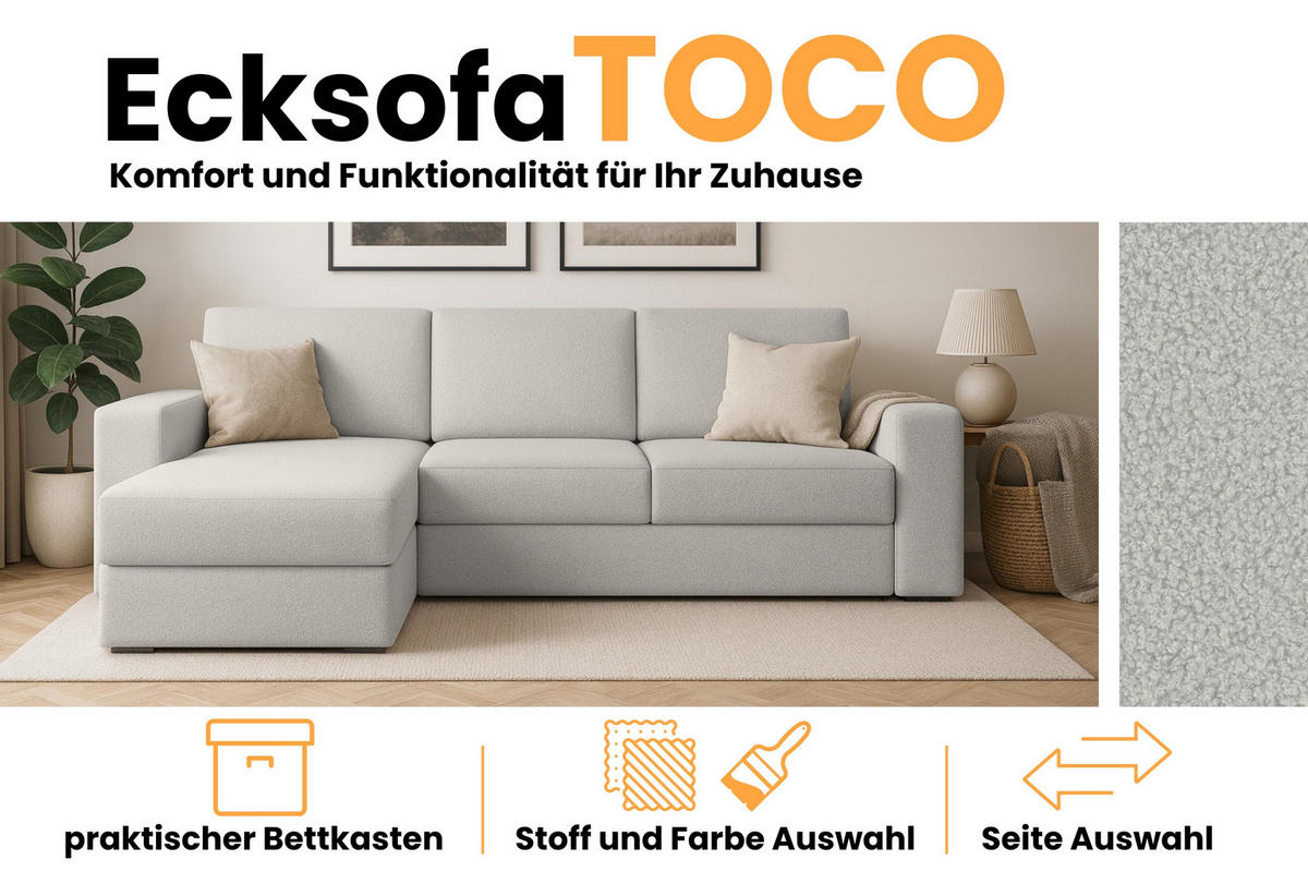 ECKSOFA TOCO L 240x145 cm in Boucle Hellgrau links - Anthrazit, Holz/Holzwerkstoff (240/145cm) - Deine Möbel 24