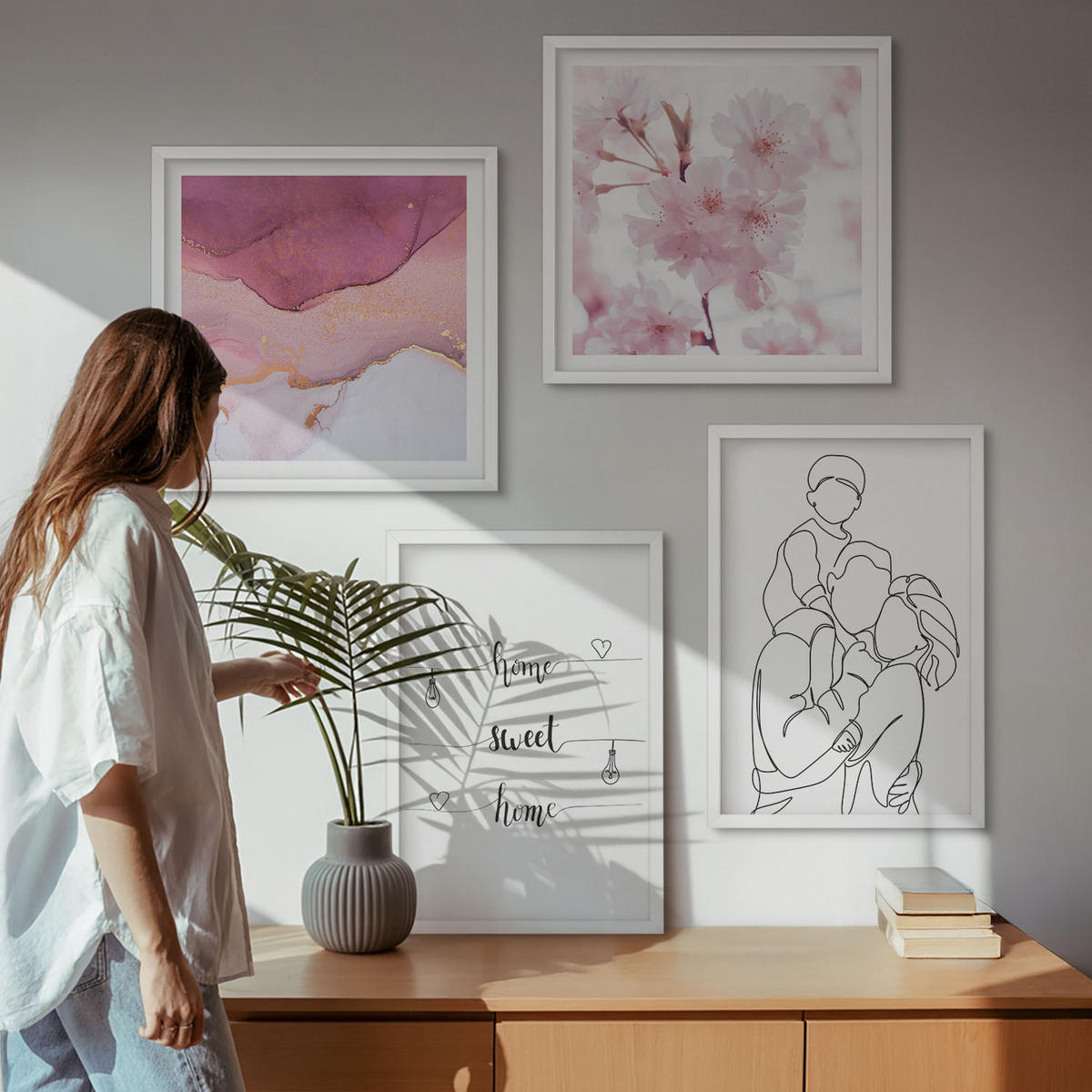 WANDBILDER 4er-Set - 50x50 cm & 40x60 cm Weißer Rahmen - Blumenfamilie minimalistisch - Weiß, Kunststoff (50/50cm) - ArtPrintCave