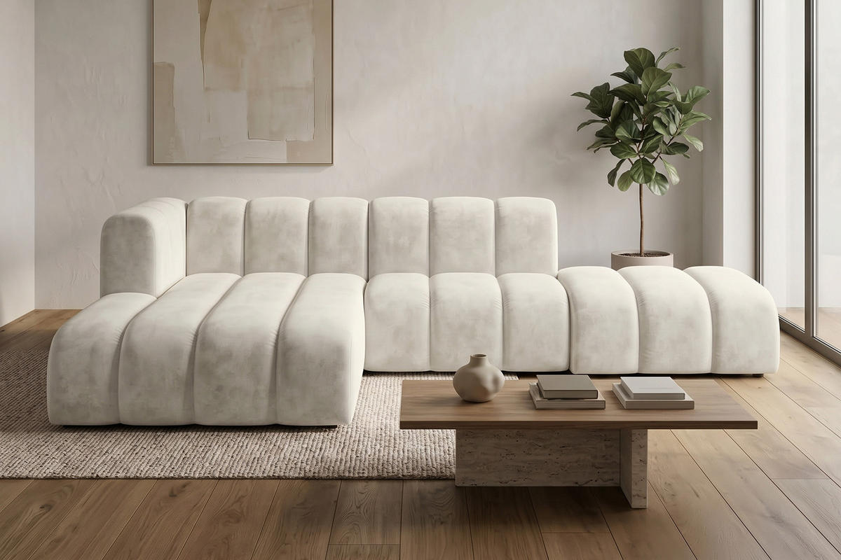 ECKSOFA Modulares In L-Form Mit Hocker, Velvet-Stoff Riviera, Ecru, Links, GRAND Mini - Creme, Holz (295/179cm) - Kaiser Möbel