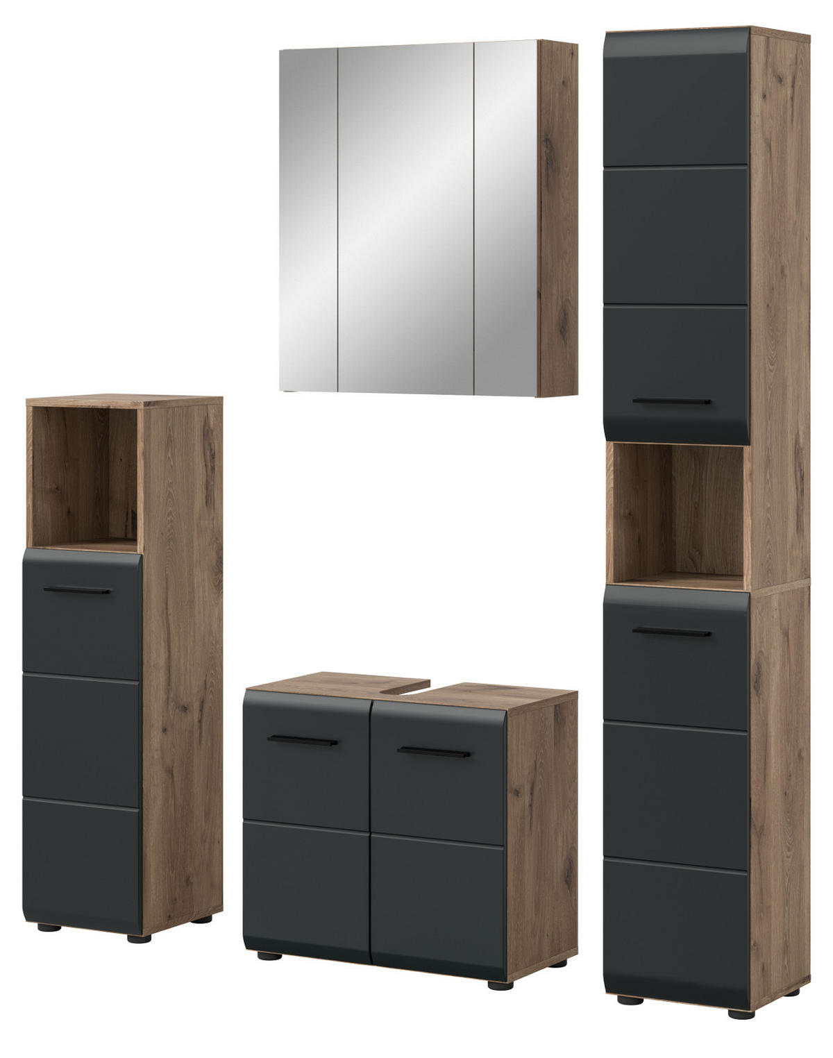 BADMÖBEL-SET Schwarz matt, Eiche Nox, Badezimmer 4-teilig 150 x 185 cm mit viel Stauraum - Eichefarben/Schwarz, Glas/Holzwerkstoff (150/185/30cm) - Inn.Furn