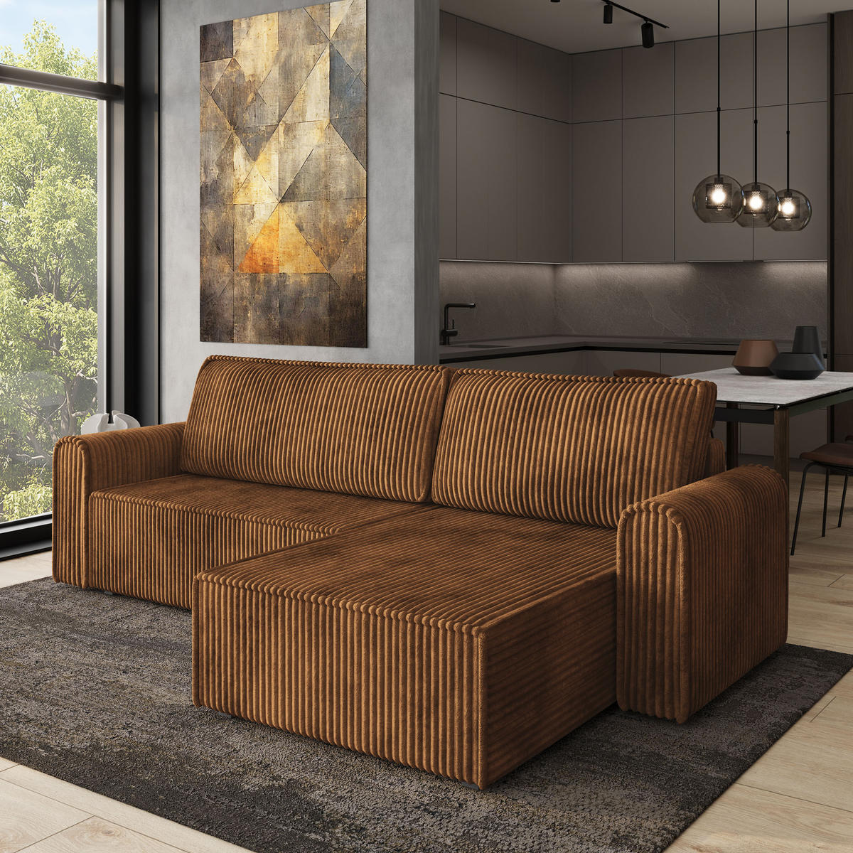 ECKSOFA VALTINO Kupferfarben Kordstoff mit Schlaffunktion - Kupferfarben, Holz (275/148cm) - MASSENO