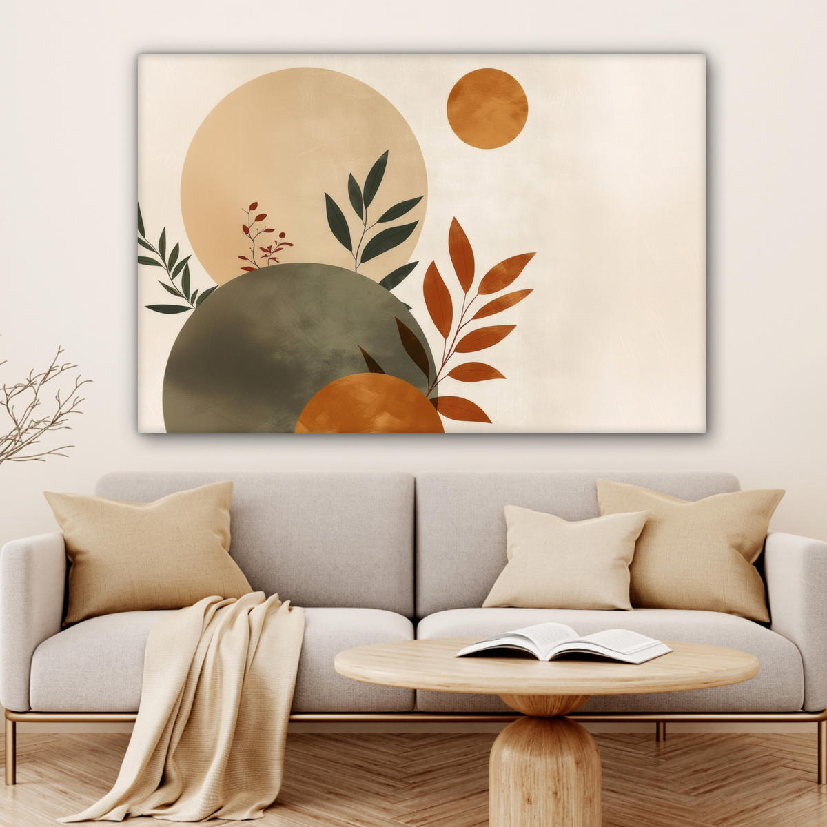 LEINWANDBILD Formen - Rund - Blätter - Beige XXL 150x100 cm - Rostfarben, Textil (150/100cm) - MuchoWow