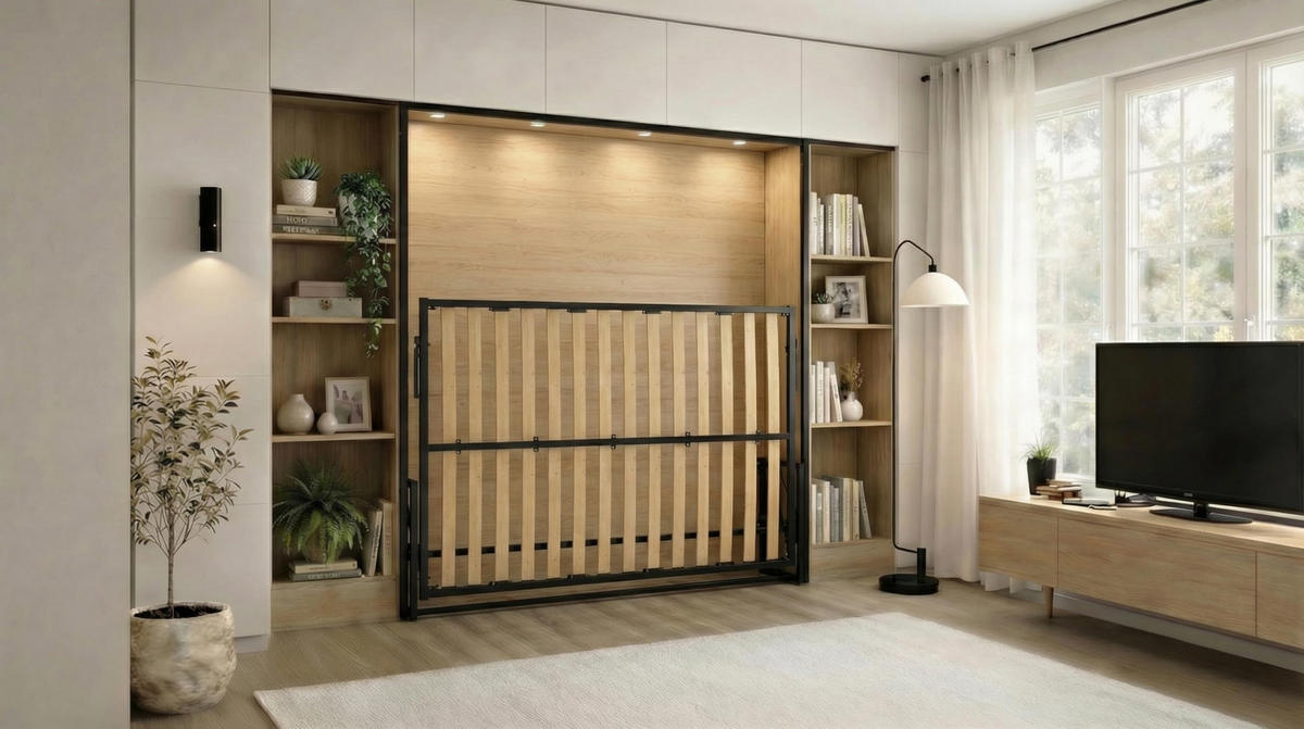 WANDBETT Morphy Classik Modulares SizeFlex- und TypeFlex-System - 200x120 Horizontal - Schwarz, Holz (200/120cm) - WallBedKing