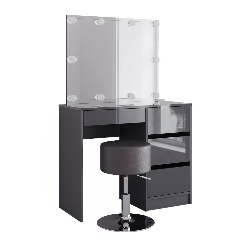 SCHMINKTISCH Sherry Anthrazit 90 cm mit LED Beleuchtung und Hocker - Schwarz Hochglanz/Anthrazit, Holzwerkstoff (90/75/40cm) - Vicco