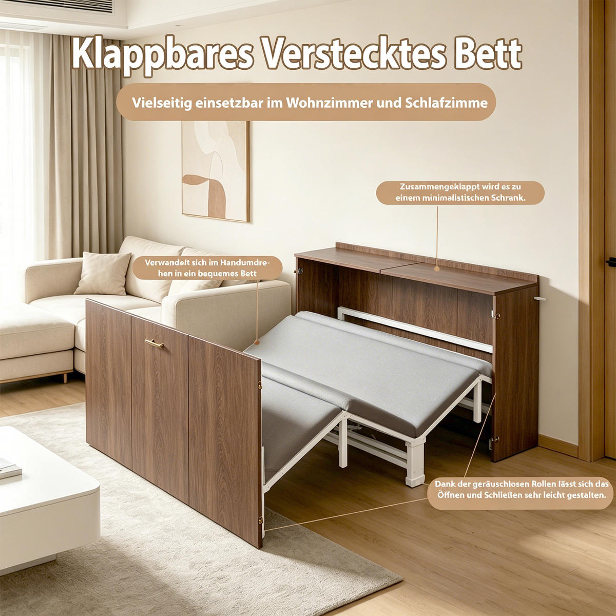 SCHRANKBETT 140/200 cm in Holz mit Leinenmatratze - Walnussfarben, Holzwerkstoff/Textil (140/200cm) - CHICFURN