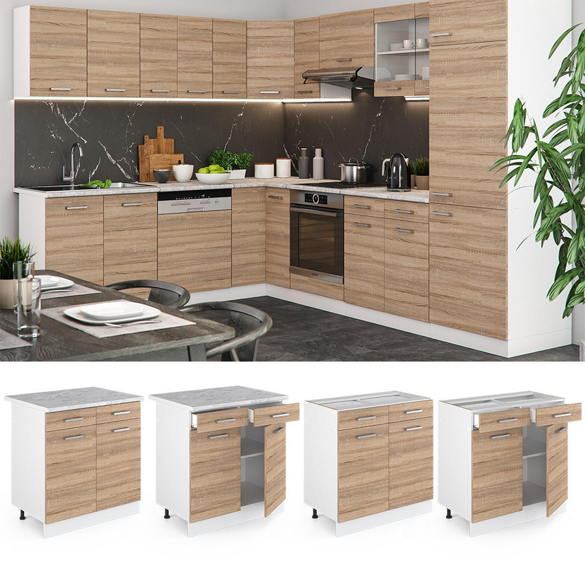 KÜCHENUNTERSCHRANK R-Line Sonoma 80 cm, AP Anthrazit - Weiß/Sonoma Eiche, Holzwerkstoff (80/81.6/60cm) - Vicco