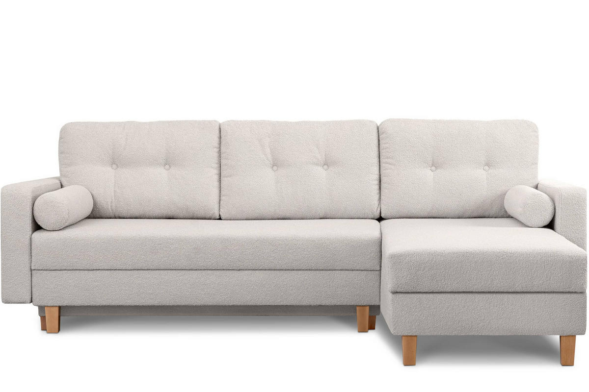 ECKSCHLAFSOFA ERISO 3/4 Sitzer und Universalecke mit Ottoman, Bouclé-Stoff, weiß - Braun/Weiß, Textil (240/183cm) - KONSIMO®