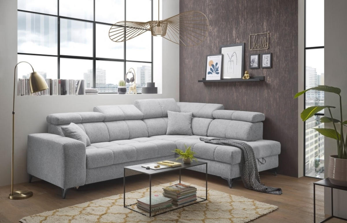 ECKSOFA mit Schlaffunktion und Bettkasten, Luxus-Mikrofaser - Hellgrau/Schwarz, Textil/Metall (198/282cm) - ed exciting design