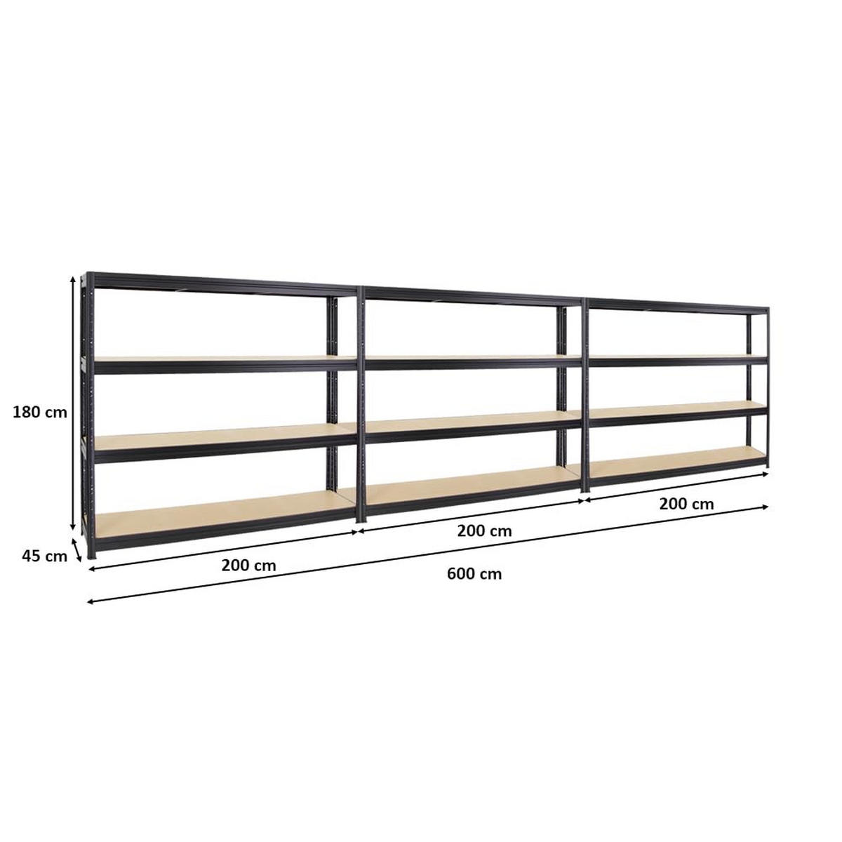 SCHWERLASTREGAL Dino 3er-Set mit 3x 180x200x45 cm Fachlast 500 kg Schwarz - Schwarz, Metall (600/180/45cm) - PROREGAL