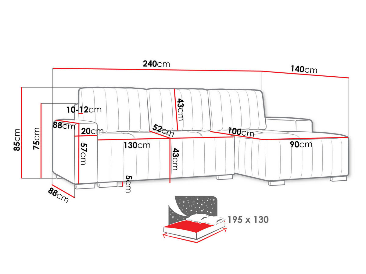 ECKSOFA Hugo, Seite: Links - Dunkelbraun/Grau, Holz/Textil (240/140cm)
