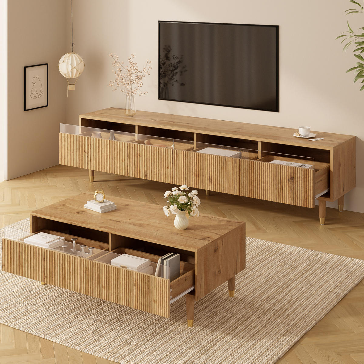 COUCHTISCH aus MDF 178x35x45 cm in Naturfarben mit LED-Beleuchtung & 2 Schubladen - Naturfarben, Holzwerkstoff (178/35/45cm) - Modfu