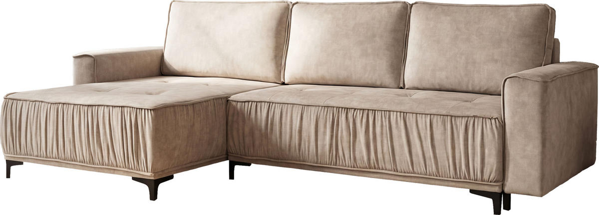 ECKSOFA Velora mit Schlaffunktion & Stauraum, Universell Rechts/Links, Beige Samt 270/92/150 cm - Beige/Schwarz, Textil/Metall (270/150cm) - WFL GROUP