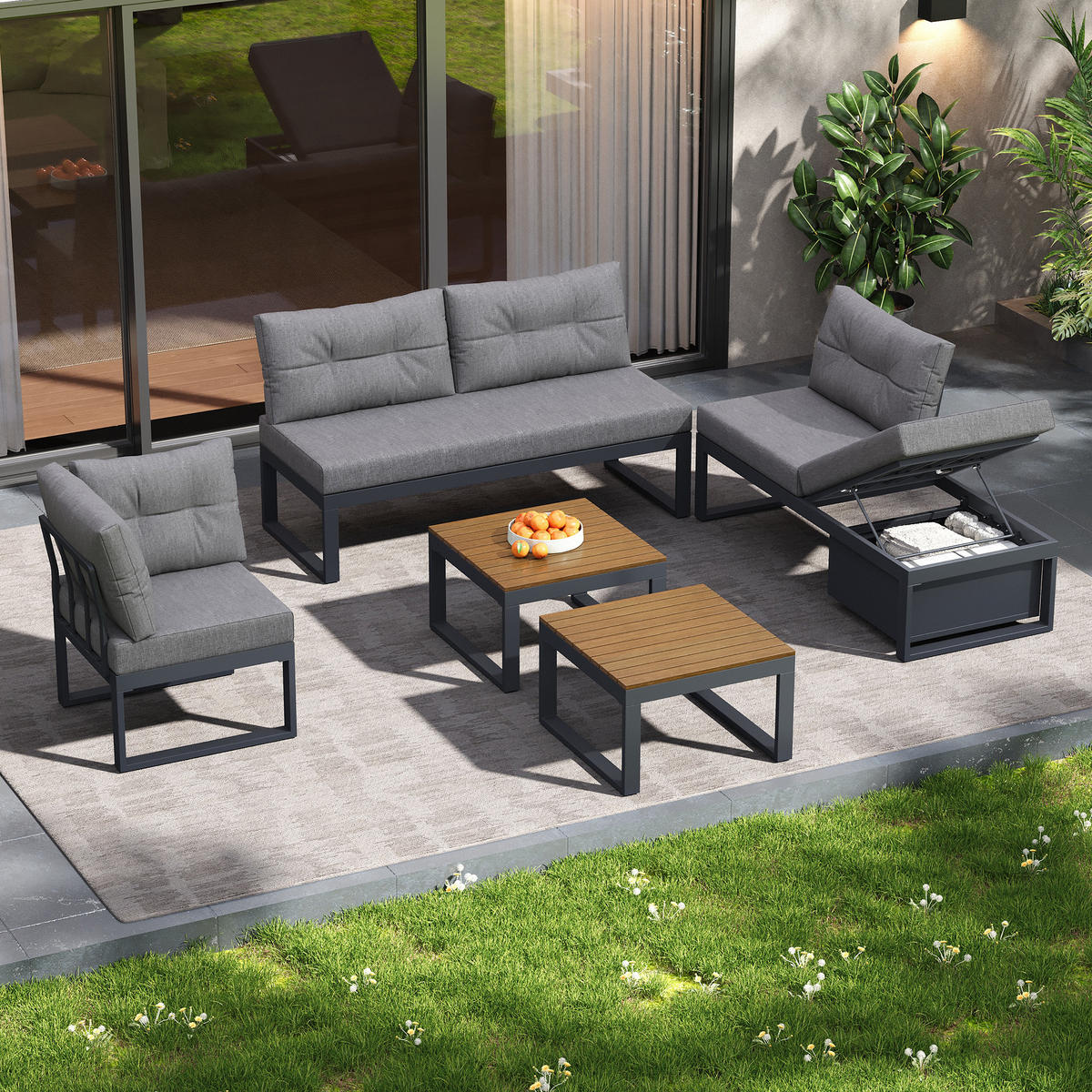 GARTENMÖBELSET 191,5/191,5/79 cm grau aus Polyester und Eisen mit Stauraum und Liegefunktion - Grau, Textil - OKWISH