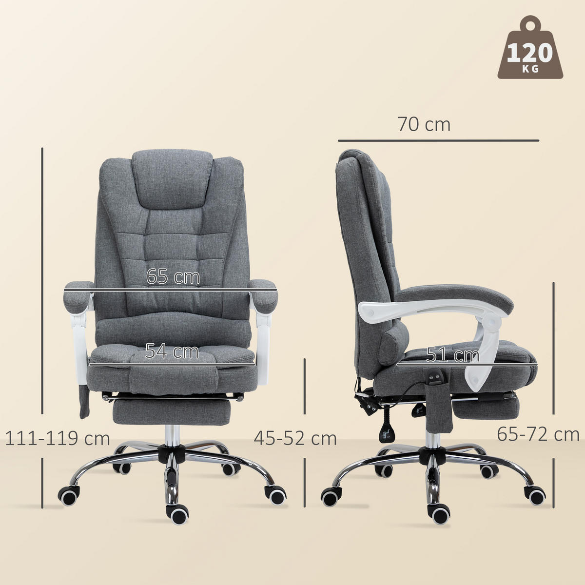 CHEFSESSEL DE-05213 Massage, Heizung, neigbar & höhenverstellbar Grau - Grau, Metall (70/119/65cm) - ComfortXL