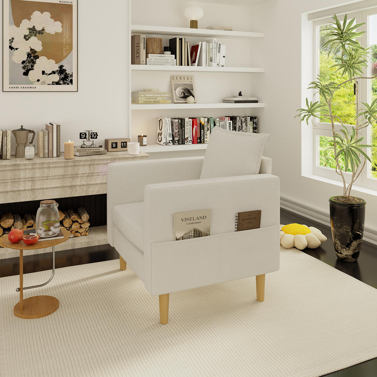 SESSEL Chenille Beige mit Seitentasche - Beige, Holz/Holzwerkstoff (71/82/68cm) - WISHDOR