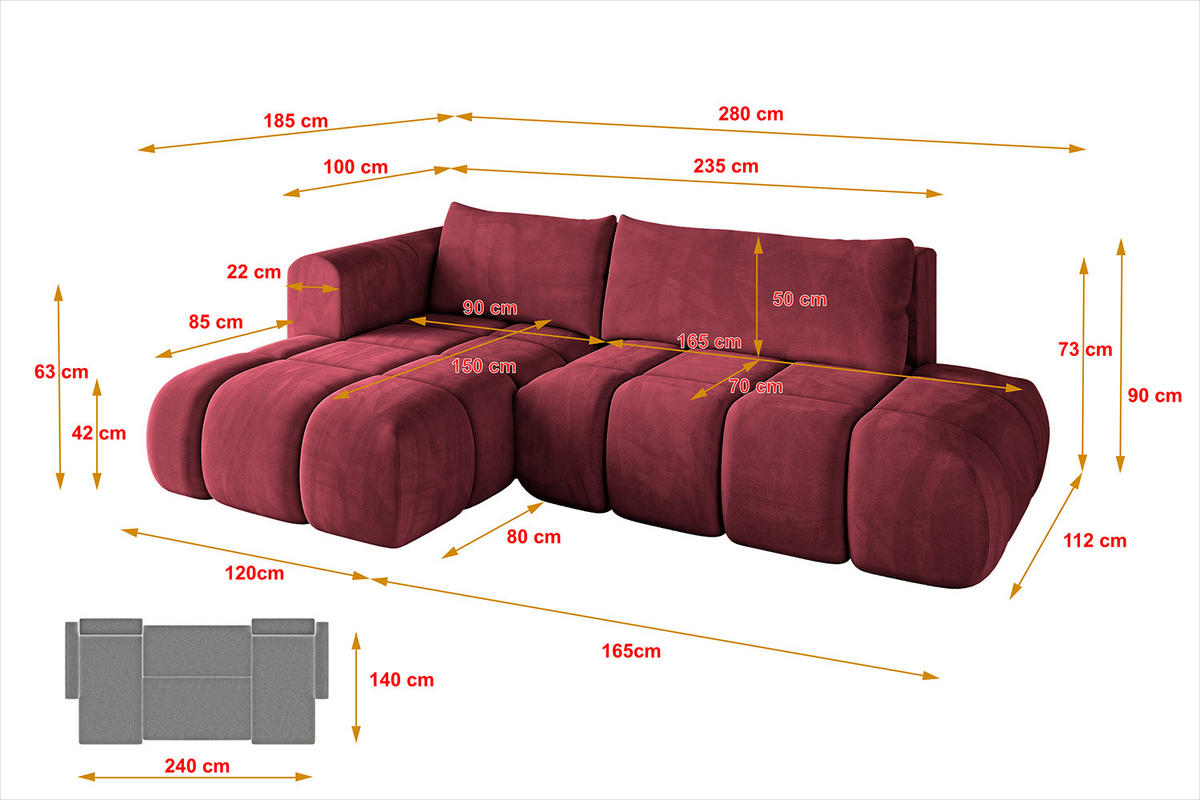 ECKSOFA Ottomane Links CLOUD-L 280x185x90 Bordeaux Velours - Bordeaux, Holzwerkstoff/Kunststoff (180/289cm) - ALTDECOR