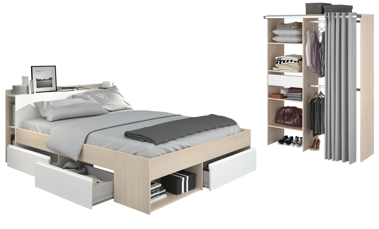 SCHLAFZIMMER-SET 2-teilig Akazie, weiß, Komplettset mit Stauraumbett (140 cm) und Kleiderschrank - Weiß/Akaziefarben, Holzwerkstoff (150/182/220cm) - Parisot Meuble
