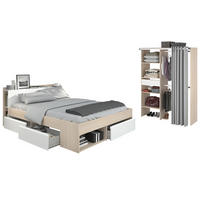 SCHLAFZIMMER-SET 2-teilig Akazie, weiß, Komplettset mit Stauraumbett (140 cm) und Kleiderschrank - Weiß/Akaziefarben, Holzwerkstoff (150/182/220cm) - Parisot Meuble