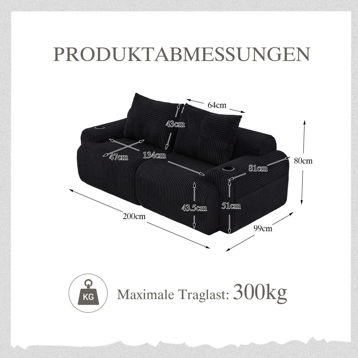2-SITZER Sofa aus Cord 200x99x80 cm in Schwarz mit Cupholder & Seitentasche - Schwarz, Textil (99/80/200cm) - Modfu